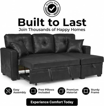 TYBOATLE Convertible Sofa Bed Couch with Reversible Storage Chaise, 71" L Shaped Pull Out Couch Bed, Comfy Linen Fabric Sleeper Sofa for Living Room, Apartment & Guest Room (Black)