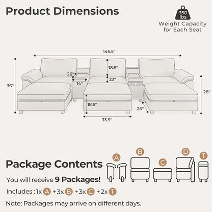 SITJOY Large Cloud Couch, 146" Wide 3 Seater Sofa Bed with Console, White | Pet-Friendly Scratch-Resistant Leather Sectional Sofas for Living Room, Deep Seat Wide Couch with Chaise, Storage Ottoman