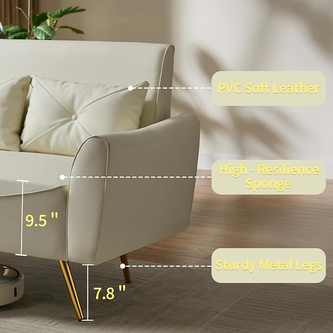 Brelice 47" Faux Leather Loveseat Sofa, Modern Small Couch for Small Space with 2 Pillows, 2 Seater Couch for Living Room, Bedroom, Office, Apartment (Beige)