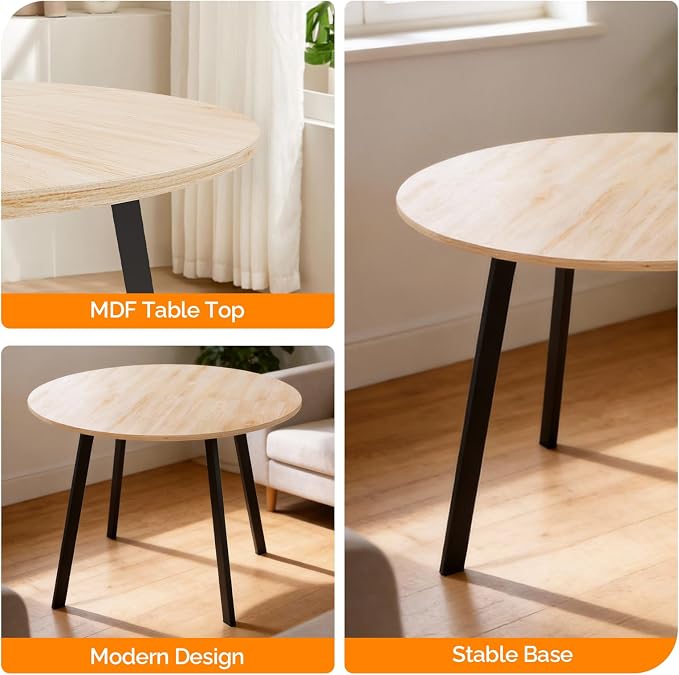 VINGLI Round Dining Table for 2-4, 35in Modern Dining Room Table with Metal Base, Light Oak Wooden Kitchen Table, Space-Saving, Small Space Circle Dinette for Home, Kitchen, Apartment