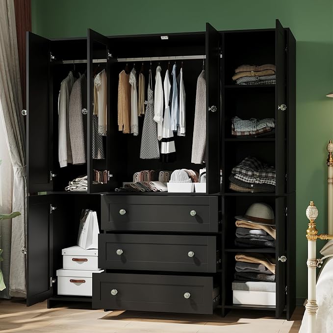 VOWNER Armoire Wardrobe Closet with Drawers and Mirror, 71" Clothing Storage Cabinet with Hanging Rod, 6 Doors Wooden Wardrobe Cabinet for Bedroom, Large Capacity Storage