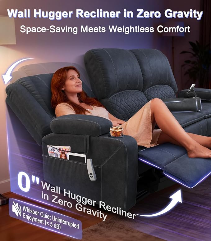 Power Loveseat Recliner Sofa, Removable Armrest 3 Seats Power Reclining Loveseat with Remote Liftable Console, Wall Hugger RV Theater Seating with Storage & USB & RGB (Velvet, Grey)