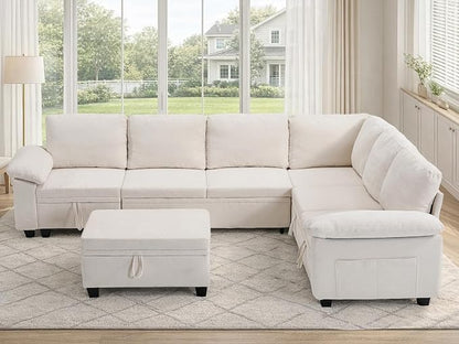 108" Modular Sectional Sofa Bed with Storage, L Shaped Pull Out Couch, Removable Chenille Sofa Cover for Living Room(Beige, 7 Seat)