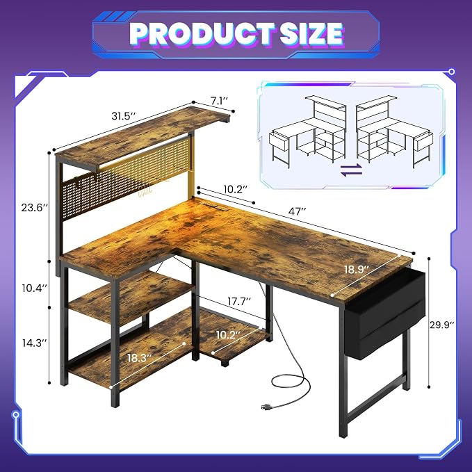 Apicizon L Shaped Desk Gaming Desk with LED Light & Power Outlet, 47 Inch Reversible Computer Desk with Pegboard & Shelf & Storage Bag for Home Office, Rustic Brown