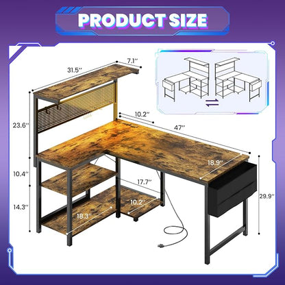 Apicizon L Shaped Desk Gaming Desk with LED Light & Power Outlet, 47 Inch Reversible Computer Desk with Pegboard & Shelf & Storage Bag for Home Office, Rustic Brown