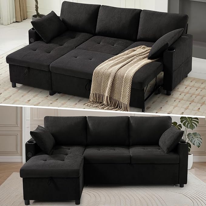 84" Fabric Pull-Out Couch Bed w/Adjustable Backrests, Black | Sectional Sleeper Sofa w/USB Ports & 2 Cup Holders, Upholstered L-Shaped Couch w/Storage Chaise for Living Room, House