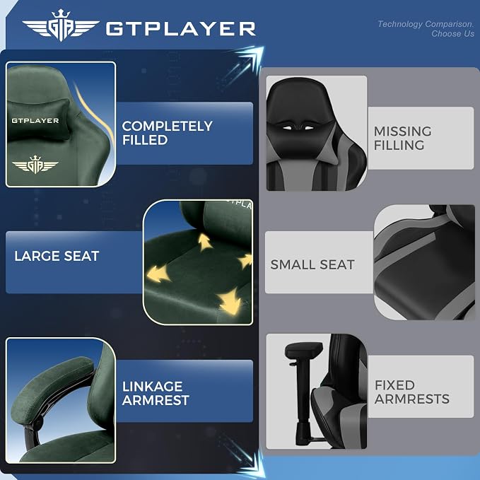 GTPLAYER Gaming Chair Fabric with Pocket Spring Cushion, Big and Tall Gamings Chairs 350LBS High Back Computer Chair with Footrest for Adults Lumbar Support Swivel Game Chair for Office Gaming Green
