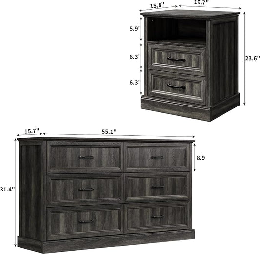Tradare 3 Pcs Farmhouse Dresser and Nightstand Sets for Bedroom, 6 Drawer Dresser & Nightstand Set of 2, Rustic Wooden Chest of Drawers Wide Storage Organizer for Bedroom, Grey