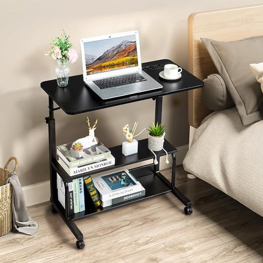 Mobile Laptop Desk with Power Outlets, Height Adjustable TV Tray Table with Storage Shelf, Rolling Computer Table with USB Ports (Black)