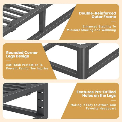 14 Inch Queen Bed Frame with Rounded Corner and Headboard Hole, Metal Platform Bed Frames 6 Non-Slip Guards, 3500lbs Heavy Duty Steel Slat Support, Squeak Free, No Box Spring Needed, Black