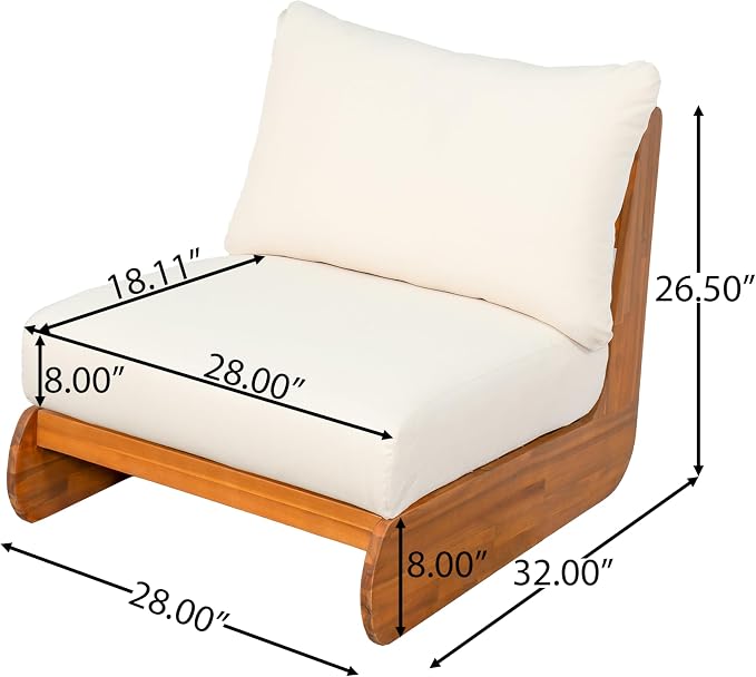 Merax Outdoor All-Weather Acacia Wood Single Sofa with Cushion, Patio Lounge Chair for Porch, Lawn, Backyard, Balcony, Beige +Teak