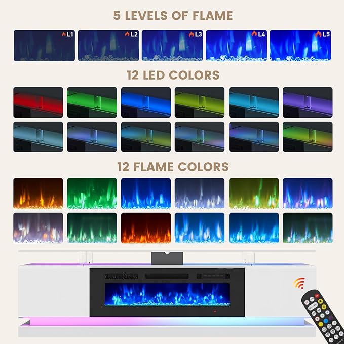 70" Fireplace TV Stand, Modern Entertainment Center for TVs Up to 80”, TV Console with Storage Cabinets, Media Console for Living Room, White TV Stand and Black Fireplace