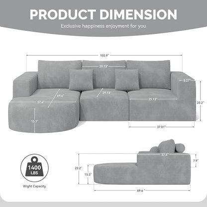 Boneless Couches for Living Room,Cloud Sectional Couch with L-Shape Chaise,Modern Modular Sofa with Deep Seat Upholstered Comfy Couches for Bedroom,No Assembly Required,1PCS