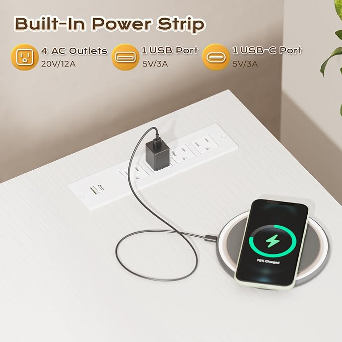 PRAISUN 47 X 24 Inch Deeper Desk with Power Outlets | Computer Desk for Bedroom, Office Desk for Work from Home, Writing Study Gaming Table, Stable Metal Frame, White