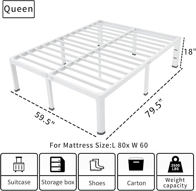 ROIL 18 Inch White Queen Bed Frame with Rounded Corner and Headboard Hole Mattress Retainers 3500LBS Heavy Duty Steel Slats No Box Spring Needed Platform Noise-Free Easy Assembly