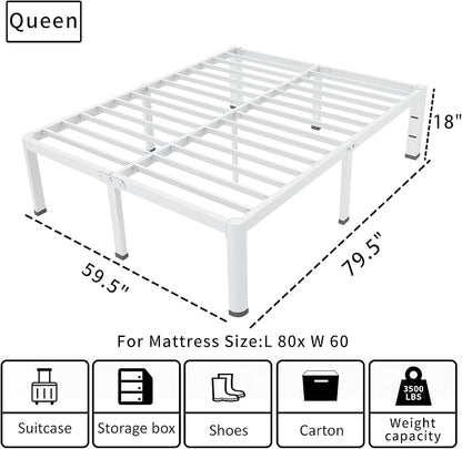 ROIL 18 Inch White Queen Bed Frame with Rounded Corner and Headboard Hole Mattress Retainers 3500LBS Heavy Duty Steel Slats No Box Spring Needed Platform Noise-Free Easy Assembly