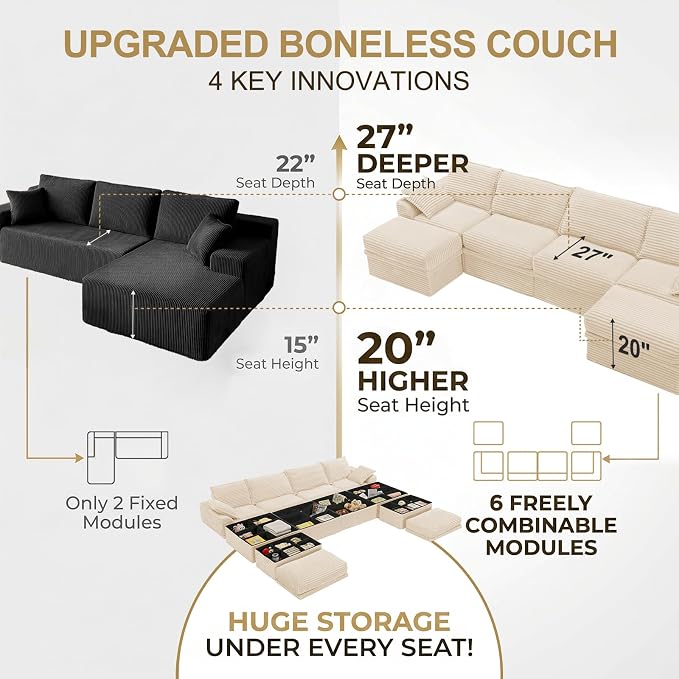 Upgrade Boneless Couch with Storage, Extra Deep&High Seat Modular Sectional Sofa 4 Seater U Shaped Cloud Couch with Ottoman, Tool-Free Assembly Sectional Couches for Living Room