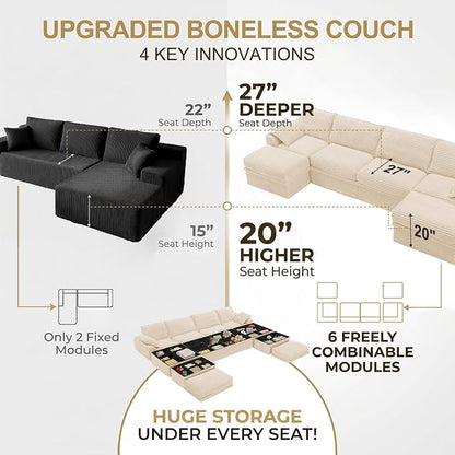 Upgrade Boneless Couch with Storage, Extra Deep&High Seat Modular Sectional Sofa 4 Seater U Shaped Cloud Couch with Ottoman, Tool-Free Assembly Sectional Couches for Living Room