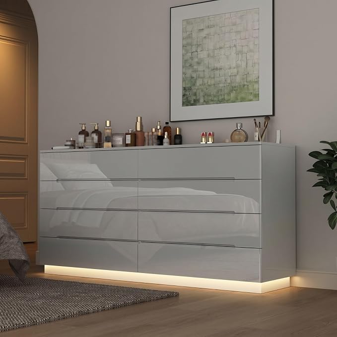 Modern High Gloss Dresser with LED Lights, 8 Drawer Dresser for Bedroom, Bottom Warm Lights, Handle-Free Design, 63" Contemporary Chest of Drawers White 63" W x 15.7" D x 30.9" H