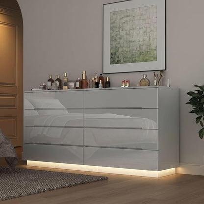 Modern High Gloss Dresser with LED Lights, 8 Drawer Dresser for Bedroom, Bottom Warm Lights, Handle-Free Design, 63" Contemporary Chest of Drawers White 63" W x 15.7" D x 30.9" H