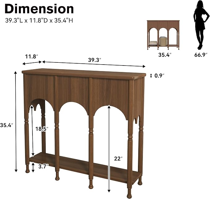 40" Console Table with Storage Shelf, Retro Entryway Table, Wooden Sofa Table with Roman-Style Legs for Living Room, Hallway, Brown