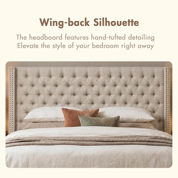 Madison Park King Wingback Upholstered Tufted Headboard, Featuring High-Density Sponge Padding, Adjustable Height Headboard, Easy Assembly, Beige Woven