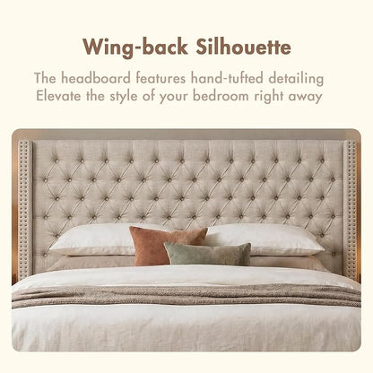 Madison Park King Wingback Upholstered Tufted Headboard, Featuring High-Density Sponge Padding, Adjustable Height Headboard, Easy Assembly, Beige Woven