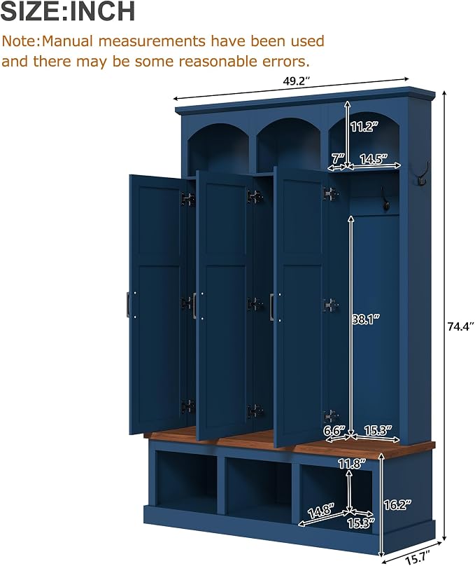 Merax Classic Arched Hall Tree with 3 Hidden Storage, Farmhouse Mudroom Bench with 5 Hooks, Mid-Century Entryway Organizer for Shoes, Blue