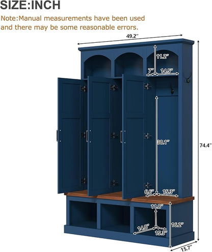 Merax Classic Arched Hall Tree with 3 Hidden Storage, Farmhouse Mudroom Bench with 5 Hooks, Mid-Century Entryway Organizer for Shoes, Blue