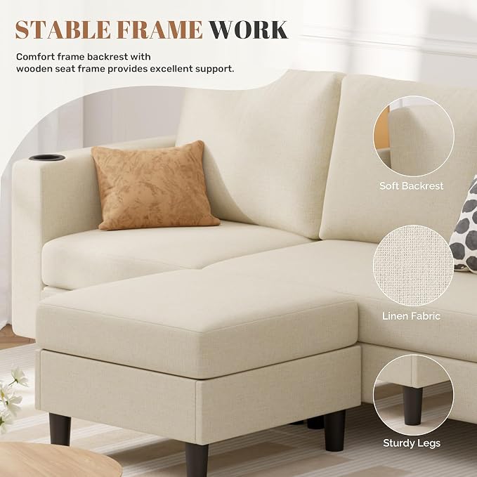 Luxanimarion Upholstered Sectional Sofa and Couches, 78'' L Shaped 3-seat Sofa forLiving Room, Apartment, Lounge,Bedroom-Washable Covers Convertible Sofas(Linen Fabric,Beige
