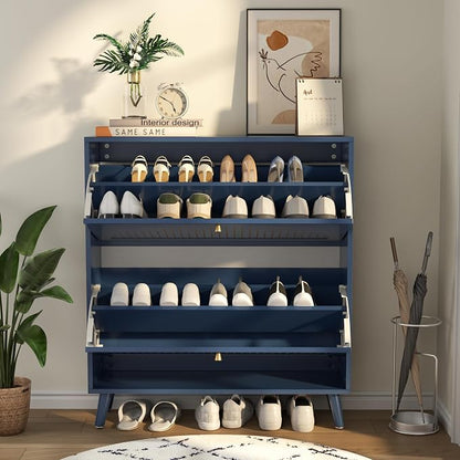 Fsbecl Shoe Storage Cabinet for Entryway with 2 Flip Drawers, Narrow Wood Shoe Cabinet with Fluted Panel, Freestanding Hidden Shoe Organizer for Foyer, Hallway (Blue - with Shelf)