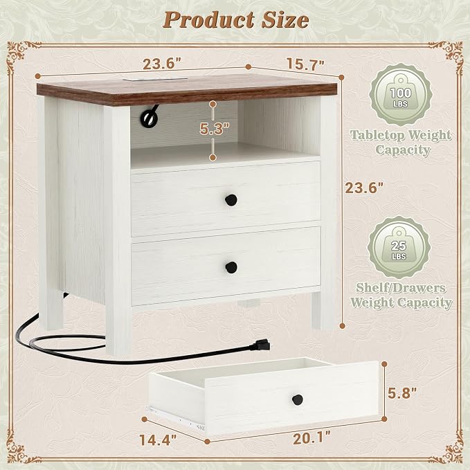 Aheaplus Nightstand with Charging Station, 23.6'' Large Bed Side Table with Wooden 2 Drawers, Night Stand for Bedroom, End Table with Open Storage Shelf for Living Room, White & Brown
