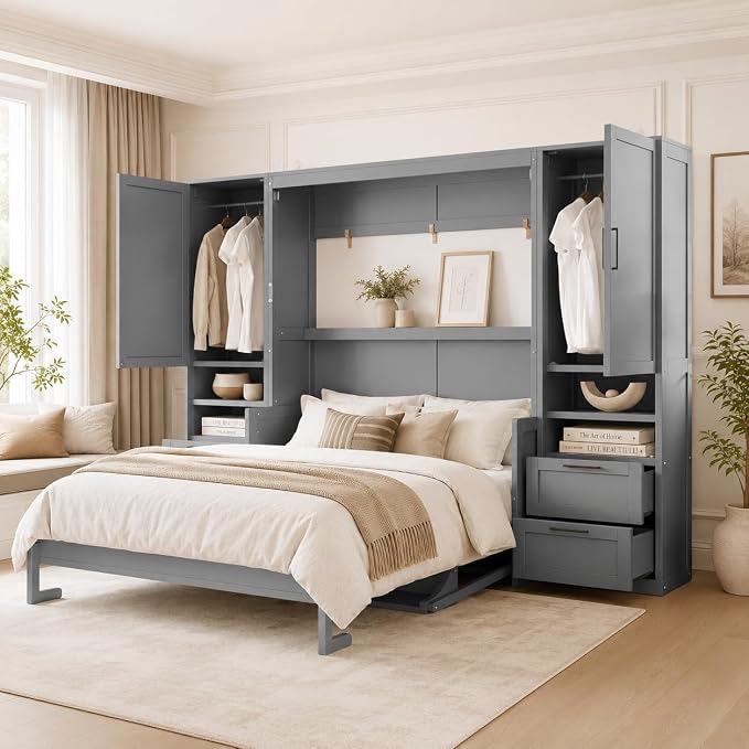 Queen Murphy Bed with Desk, Wall Bed Cabinet with Storage Shelves, Enclosed Cabinets and Hidden Foldout Workstation, Folding Cabinet Bed, Space Saving Bed for Guest Room, Home Office (Gray)