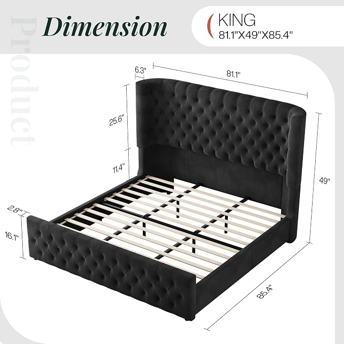 Jocisland King Size Upholstered Bed Frame with 6.3-Inch Curved Wingback Headboard, Tufted Footboard, Wood Slats, No Box Spring Needed, Black Velvet