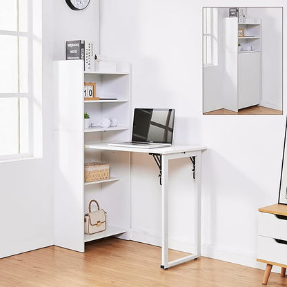 Foldable Desk with Storage,Hidden Desk with Built-in Socket,Fold Out Writing Table for Small Spaces,Home Office and Bedroom (White)