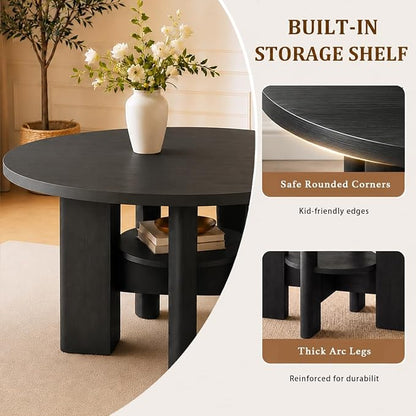 47" Round Dining Table for 4-6 People, Modern Wood Kitchen Table with Sculptural Curved Pedestal Base, 1.57" Thick Tabletop, Storage Shelf, Dining Room Table for Apartment,Black Grey