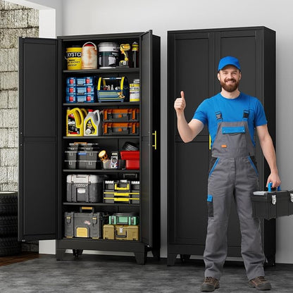 75" Metal Garage Storage Cabinet with 2 Doors, 5 Adjustable Shelves | Metal Storage Cabinets,Steel Tool Cabinets for Home Office,Garage,Warehouse, Widen (Black, 75''H x 32''W x 16''D-B)