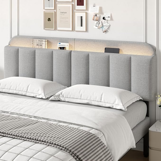 King Size Adjustable Headboard, Upholstered Headboard with Storage, APP Controlled LED Light, Padded Head Board Only, Sturdy Metal Foot Frame, Vertical Channel Design for Bedroom, Grey