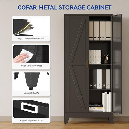 COFaR Metal Pantry Cabinet with Doors, Farmhouse 61'' Tall Storage Cabinet with 3 Adjustable Shelves, Kitchen Pantry Cabinet for Dinning Room, Garage, Laundry, Bathroom, Black 4-Tier