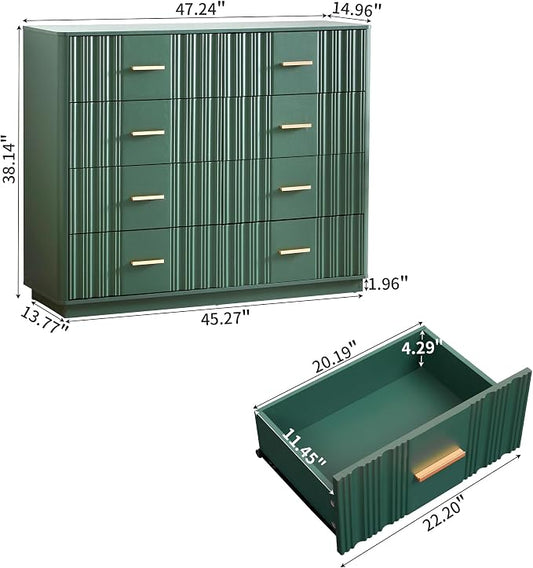 Fluted Dresser for Bedroom with 8 Drawers, 47" Wide Mid Century Modern Chest of Drawers, Wooden Dresser TV Stand, Wood Closet Clothes Storage Organizer for Living Room Hallway, Green