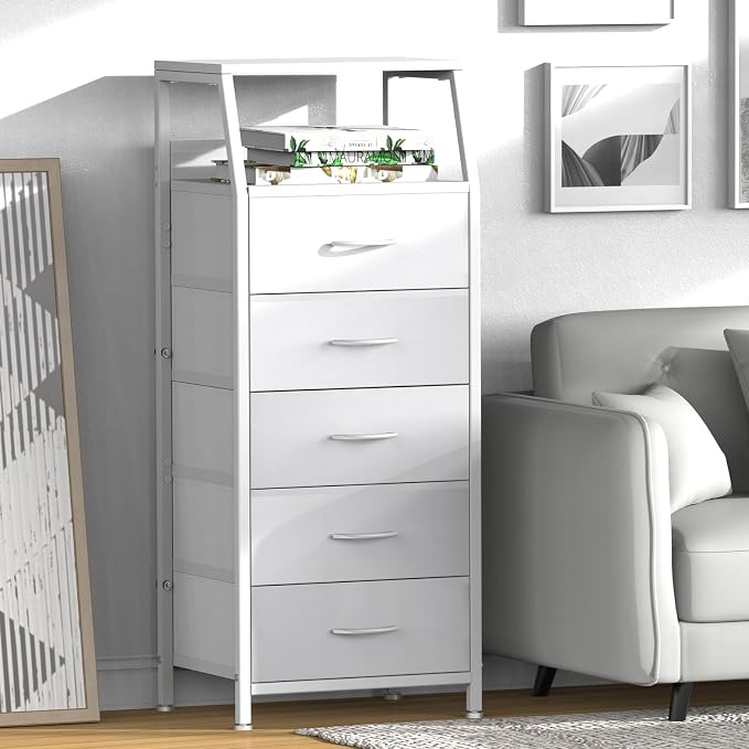 White Dresser for Bedroom, Storage Organizer with 5 Drawers, Vertical Fabric Storage Stand, Nightstand Bedside Table, Sturdy Steel Frame & Wooden Top