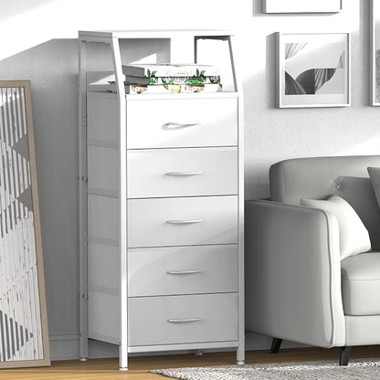 White Dresser for Bedroom, Storage Organizer with 5 Drawers, Vertical Fabric Storage Stand, Nightstand Bedside Table, Sturdy Steel Frame & Wooden Top
