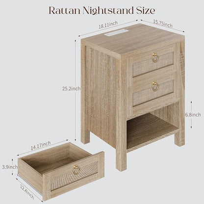 Rattan Night Stand with Drawers - Boho Nightstand with Charging Station, Bedside Table with Storage Shelf, Accent Side Table End Tables Living Room, Wood Nightstands for Bedroom, Light Wood