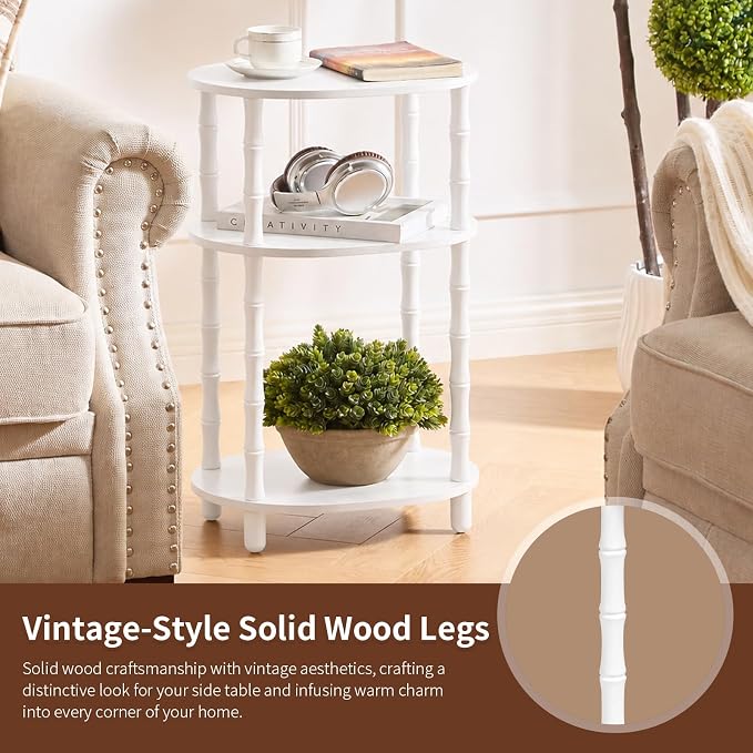 Side Table, 3-Tier Oval Accent Small End Table, Modern Oval Nightstand Accent Table for Small Space, Bedrooms, Living Room, Easy to Assemble, White