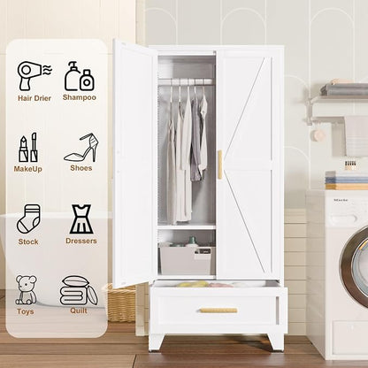 Baborokic Metal Wardrobe Cabinet,71 Armoire Wardrobe Closet with Drawers and Hanging Rod,Metal Armoire with Adjustable Shelves for Closet,Bedroom,Farmhouse Storage Cabinet with Drawer(White)