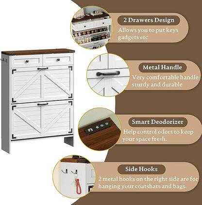BORNOON Shoe Cabinet with Odor Control Deodorizer and Back Panel, Farmhouse Narrow Shoe Storage Cabinet Rack for Entryway with 2 Flip Drawers and 2 Top Drawers, Adjustable Shelves, Side Hooks