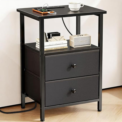 Nightstand with Charging Station, Bedside End Table with 2 Fabric Drawers for Bedroom, Side Table with USB Ports and Outlets (Black)