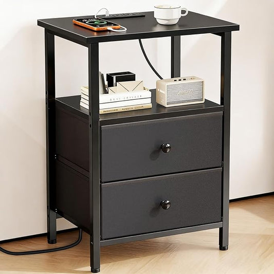 Nightstand with Charging Station, Bedside End Table with 2 Fabric Drawers for Bedroom, Side Table with USB Ports and Outlets (Black)
