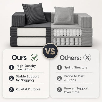 COMAX Futon Sofa Bed, Convertible Sofa Bed, Folding Boneless Couches | Boneless Couch for living room, 4‑in‑1 Fold Out Small Foldable Loveseat Floor Sleeper Mattress Lounge Space‑Saving, Grey