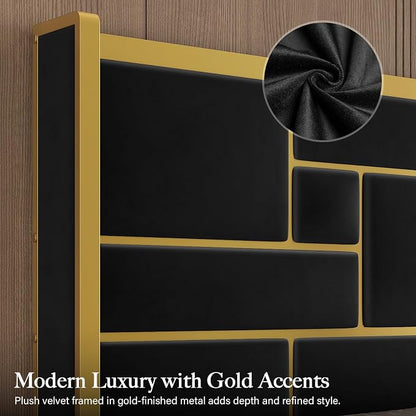 Queen Bed Frame with 55.12" Tall Headboard, Modern Luxury Velvet Upholstered Platform Bed with Gold Trim, Wide Wingback Design, Noise-Free, Easy Assembly, No Box Spring Needed, Black
